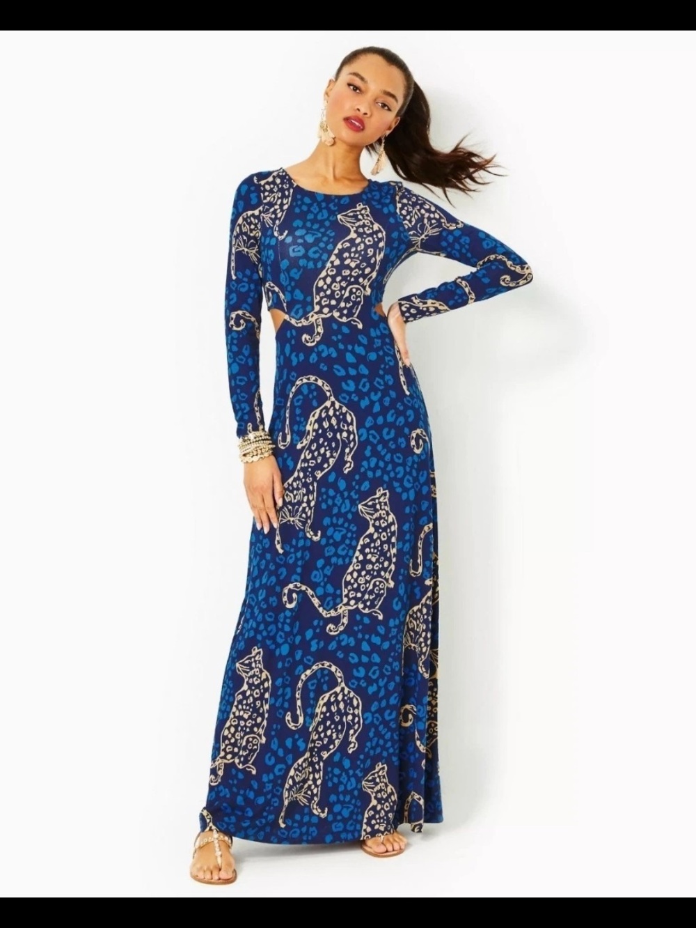 Lilly Pulitzer Royal Blue Long Sleeve Maxi Dress with Tan Leopard Motif